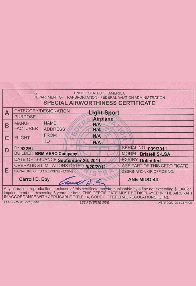 BRISTELL S-LSA USA Certificate