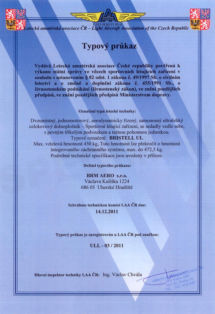 BRISTELL UL typový průkaz