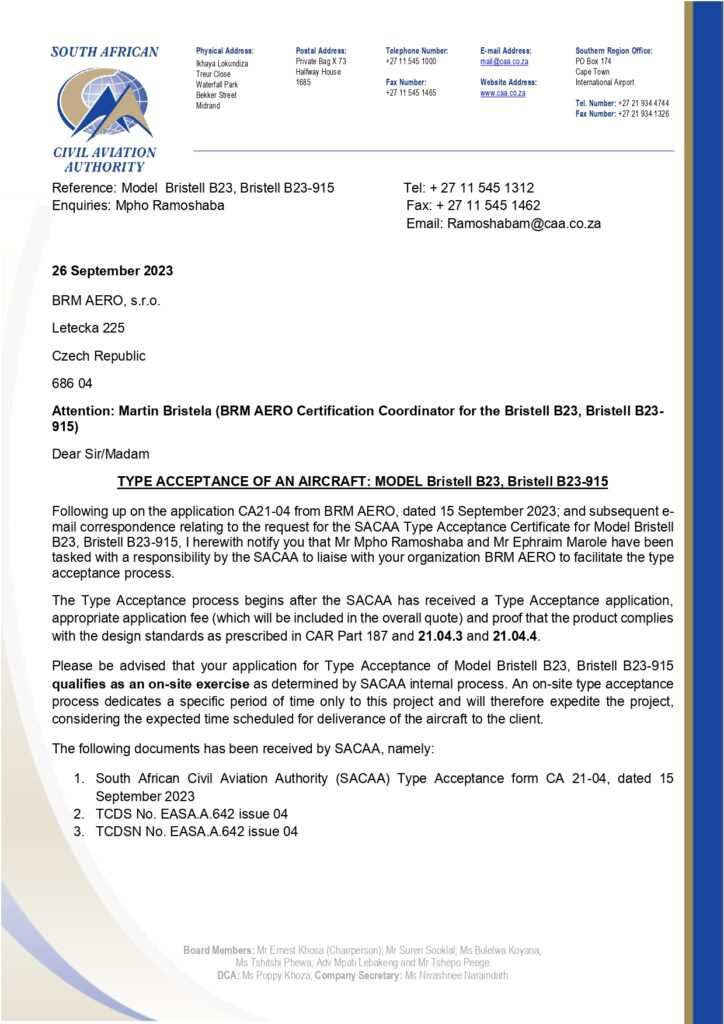 BRISTELL certificate B23, B23-915 South Africa