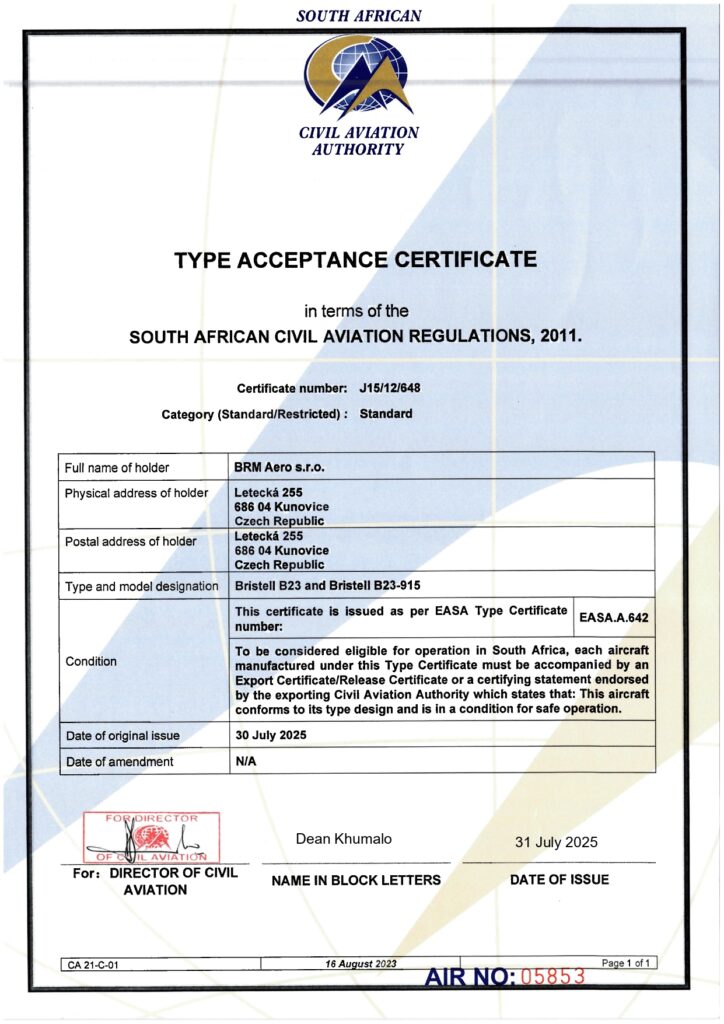 Type Acceptance Certificate - South African Civil Aviation, Bristell B23